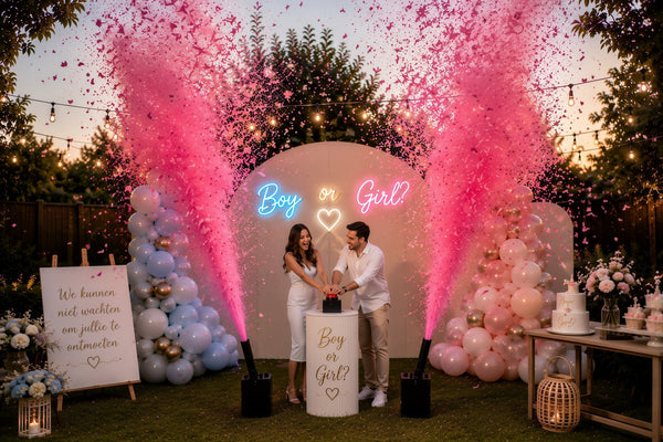 Opgebouwde gender reveal opstelling met twee elektrische confettikanonnen, Boy or Girl-lichtletters en afvuurknop met pilaar