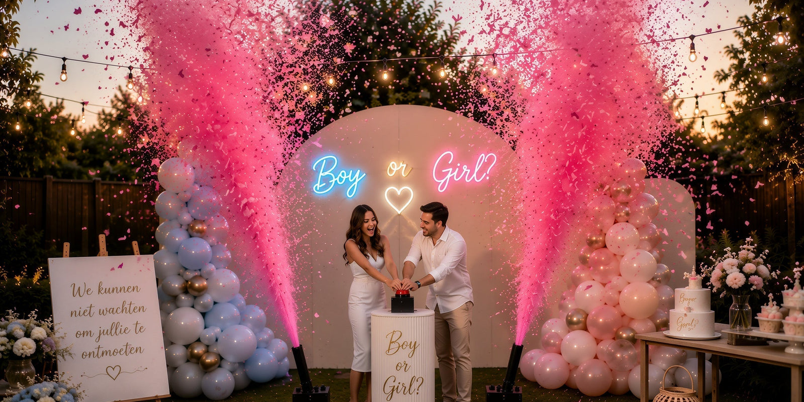 Opgebouwde gender reveal opstelling met twee elektrische confettikanonnen, Boy or Girl-lichtletters en afvuurknop met pilaar
