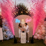 Opgebouwde gender reveal opstelling met twee elektrische confettikanonnen, Boy or Girl-lichtletters en afvuurknop met pilaar